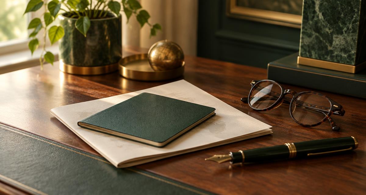An advisor's desk with a notebook, folded documents, reading glasses and a fountain pen